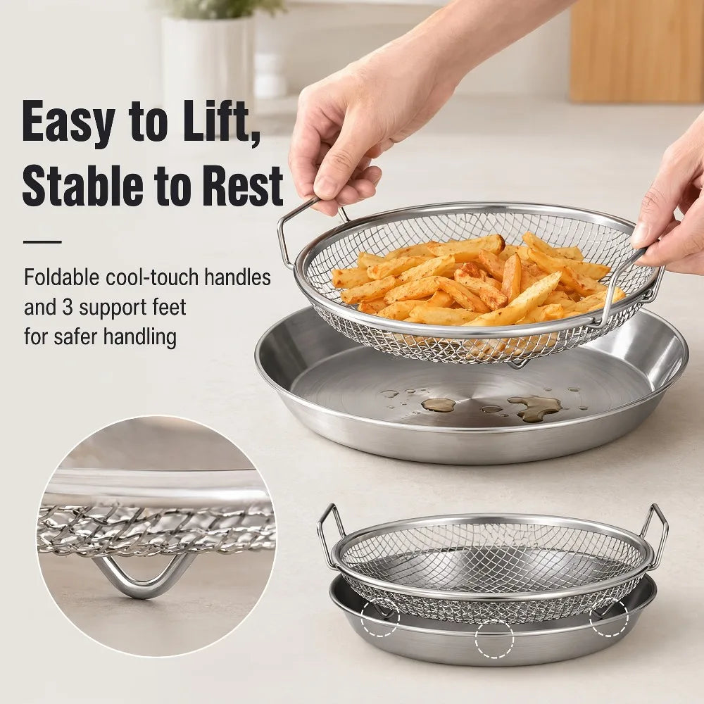 2-Pc Stainless Steel Frying Draining Basket & Tray Set