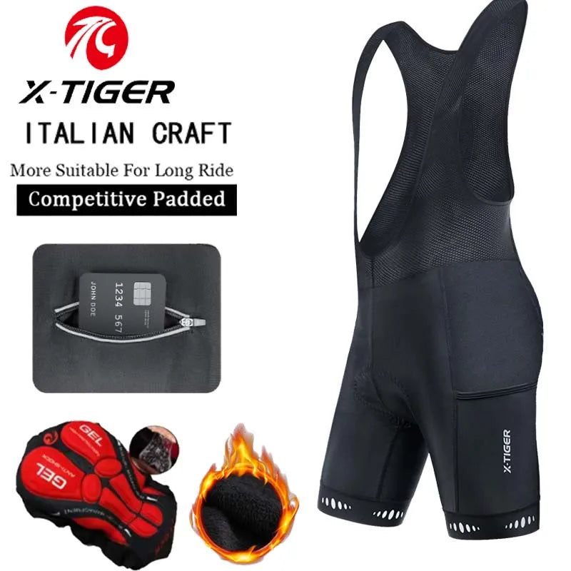 X-TIGER Men's Thermal Fleece Cycling Bib Shorts 5D Gel Pad
