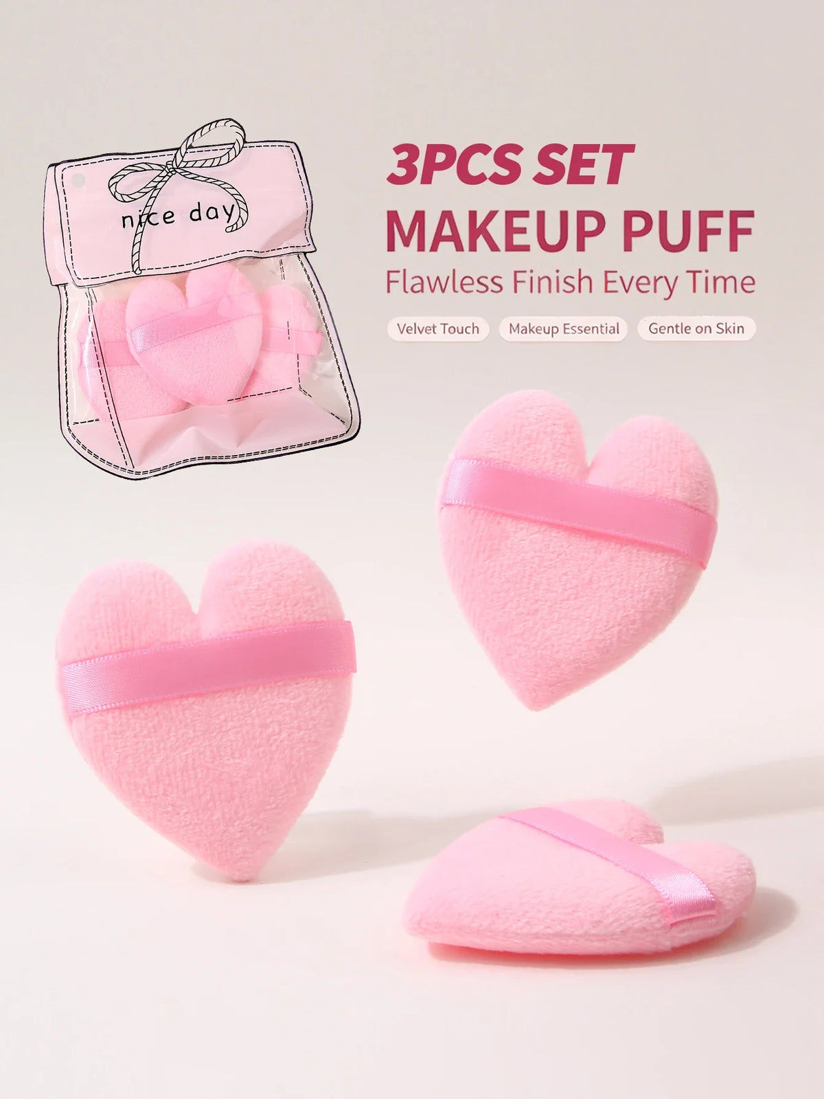 Heart Shaped Plush Makeup Puff with Strap – Set of 3 | Nixie