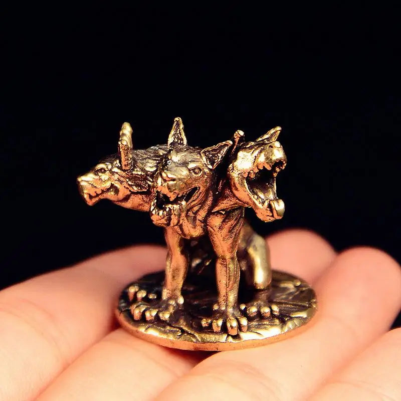 Mini Cerberus Three-Headed Wolf Brass Figurine | Desktop Statue