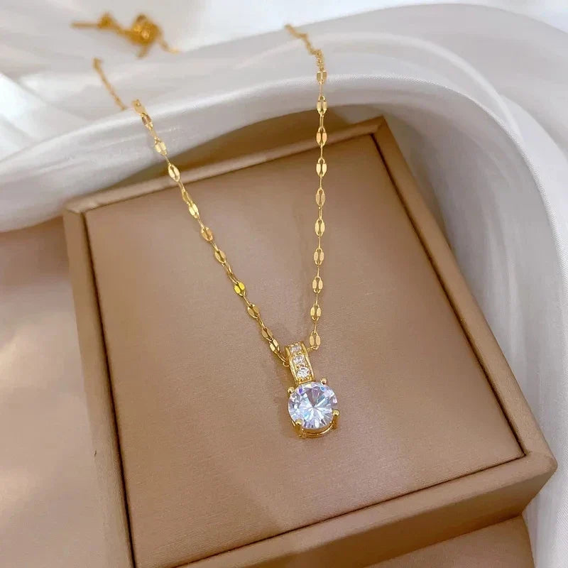 Geometric Zircon Pendant Necklace Gold Stainless Steel Chain