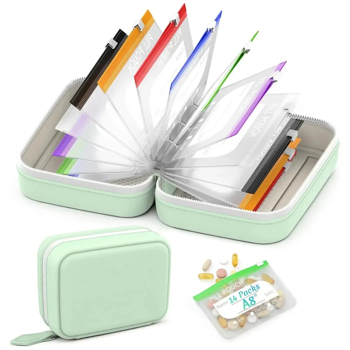 Waterproof 7-Day Twice-Daily Pill Organizer – 14 Color-Coded Pouches
