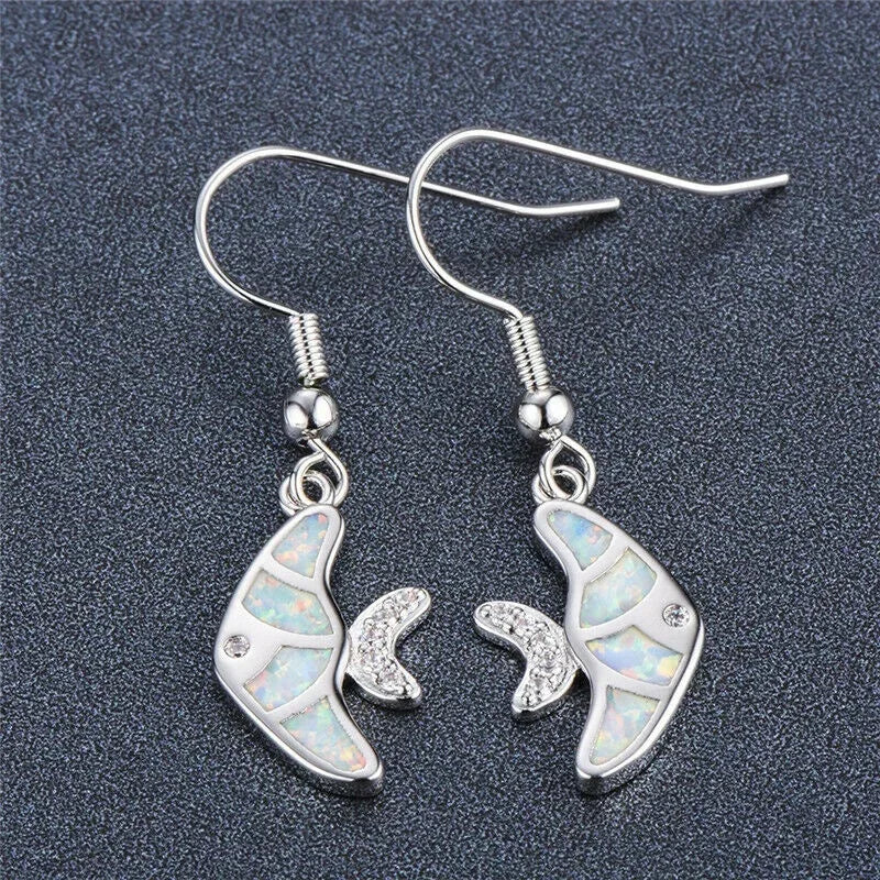 White Simulated Opal Silver Fish Dangle Hook Earrings