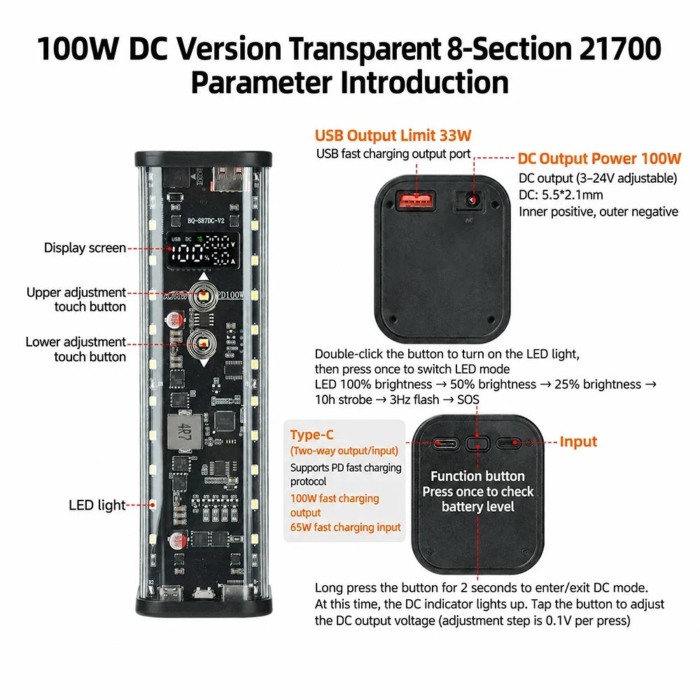 Gaqqee 8×21700 DIY Power Bank Case – PD 100W Fast Charge