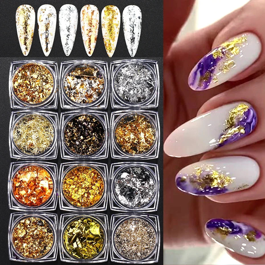 Gold Silver Holographic Nail Foil Flakes – 12pc Glitter Kit