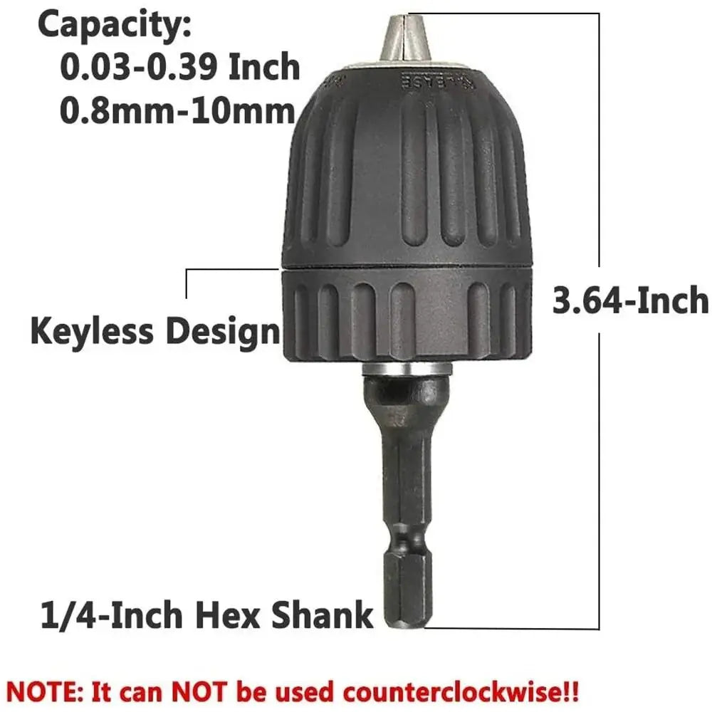 Keyless Drill Chuck 0.8–10mm | 3/8"-24UNF + 1/4" Hex Adapter