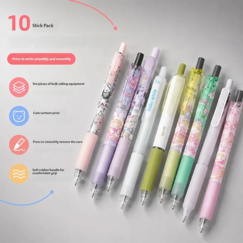 Retractable Cartoon Gel Pen Set – 0.5mm Fine Point, 10 Pack