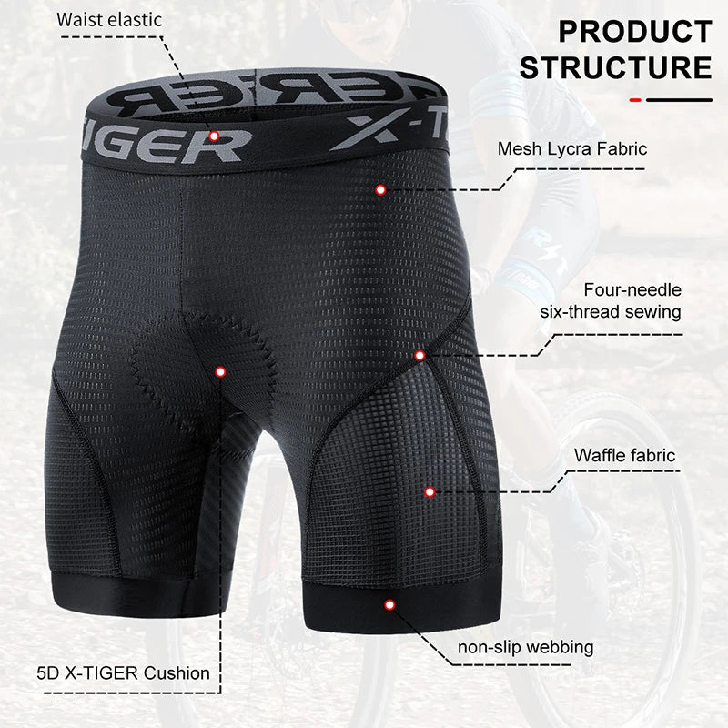 X-TIGER Men's 5D Gel Pad Cycling Shorts – Breathable MTB Bike