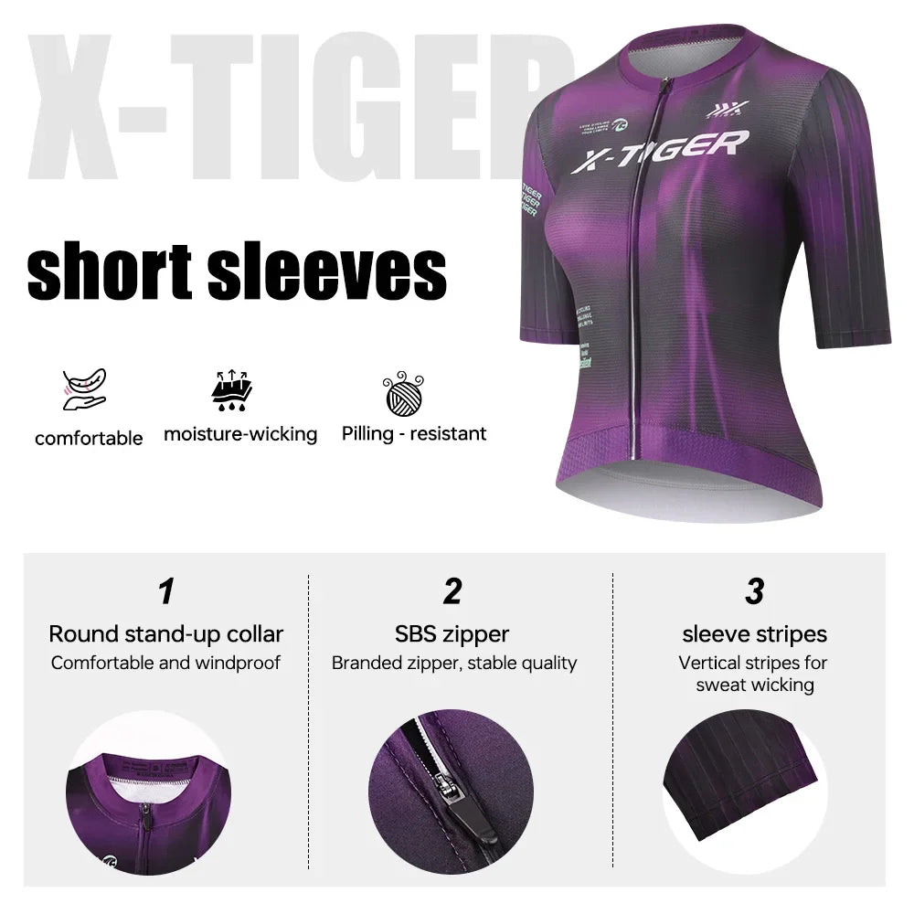 X-TIGER Women's Short Sleeve Cycling Jersey | Full Zip MTB Top