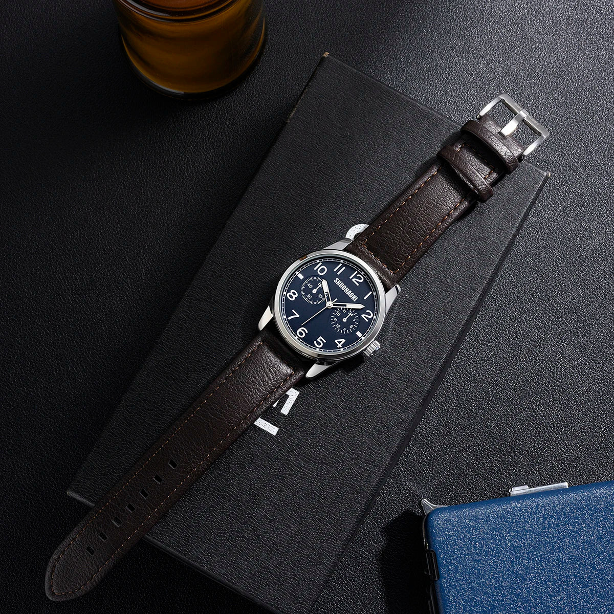 REBIRTH Retro Men's Quartz Watch – Black Leather Strap Large Dial