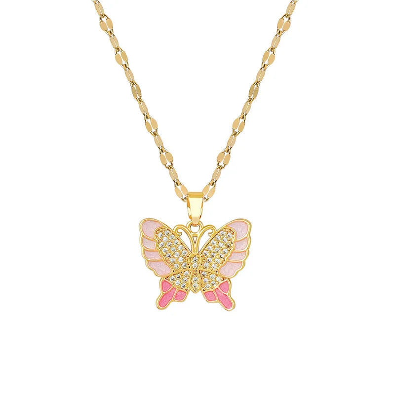Zircon Butterfly Pendant Necklace | Gold Stainless Steel