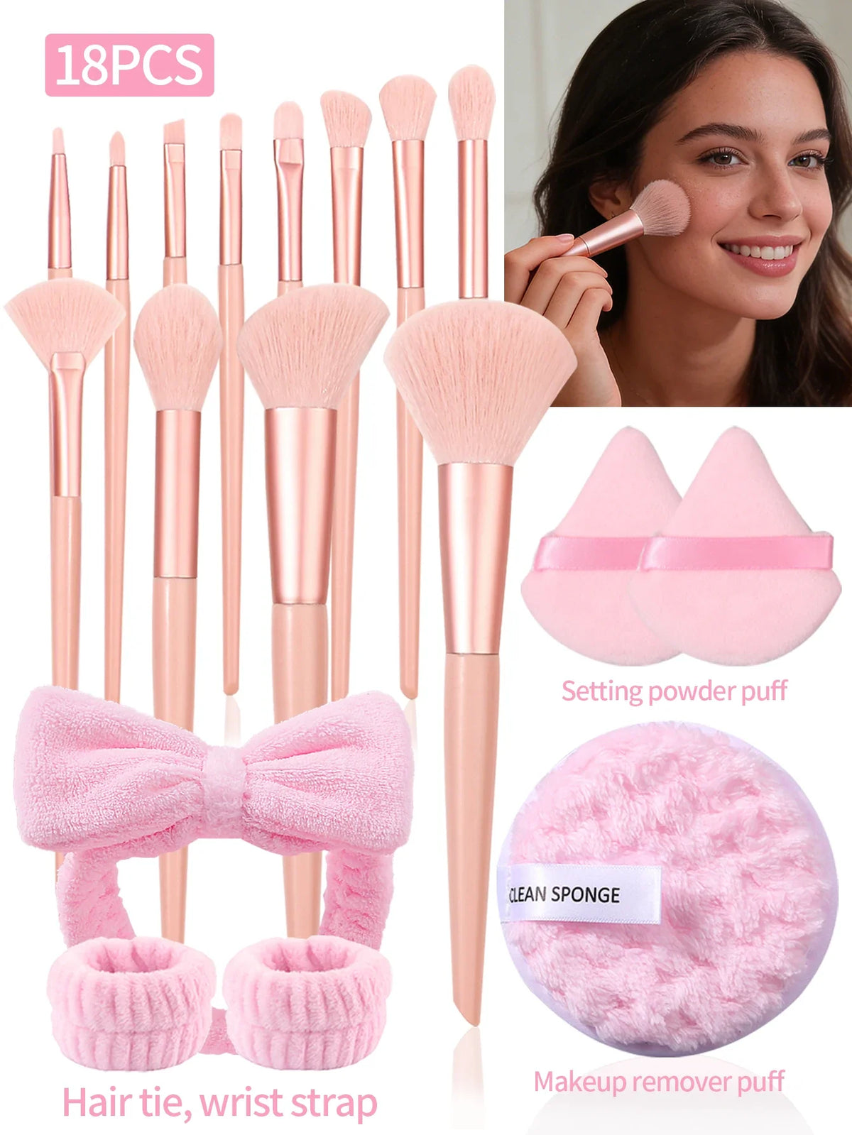 18-Piece Pink Makeup Brush & Beauty Tool Set with Puffs