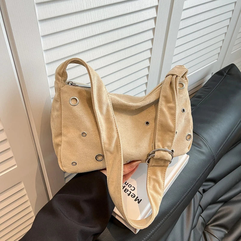 Women's Rivet Frosted Faux Suede Crossbody Shoulder Bag