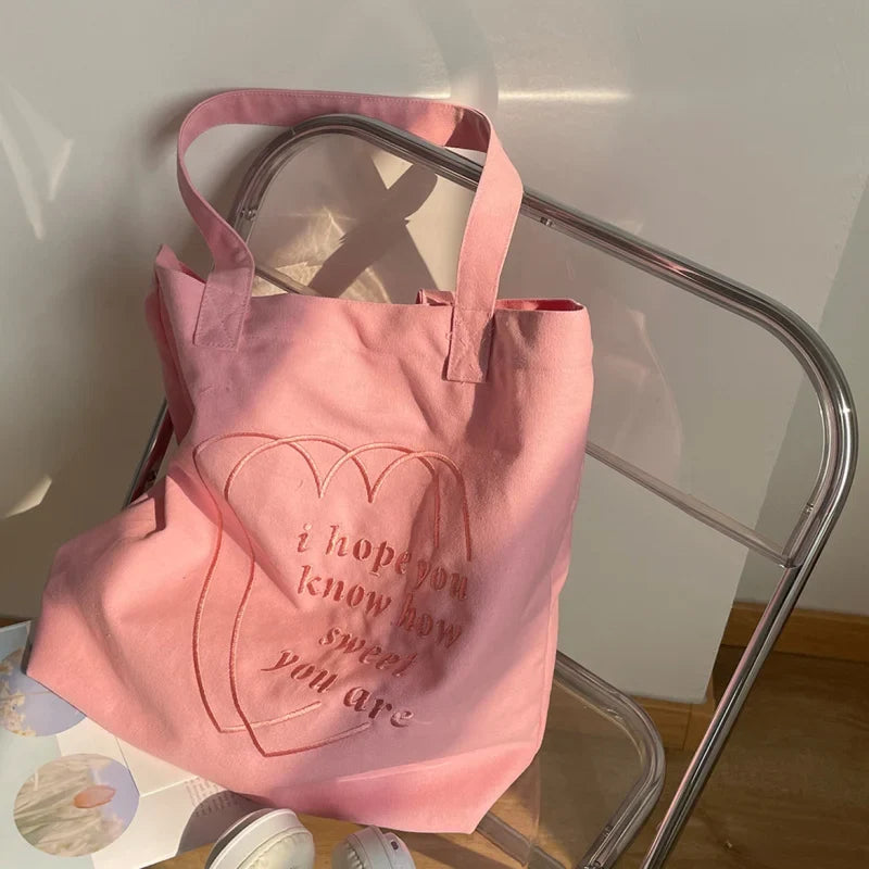 Korean Heart Embroidery Canvas Tote Bag – Large Capacity