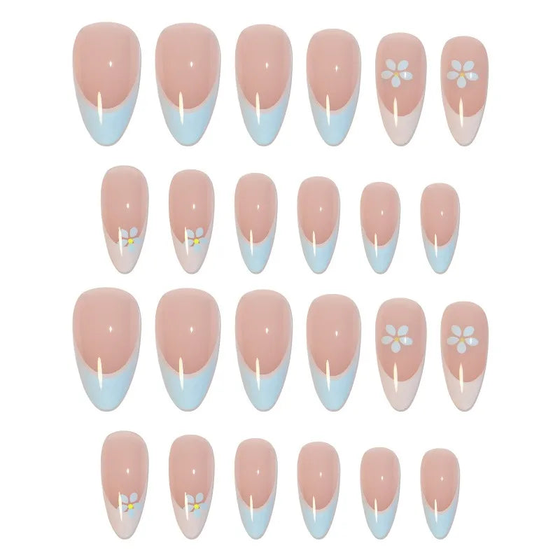 Handmade Nude Blue Floral Press-On Nails L – 24 Pcs Set