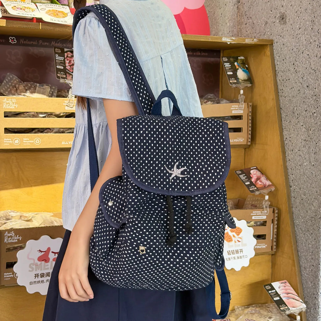 Korean Starfish Embroidered Polka Dot Canvas Backpack