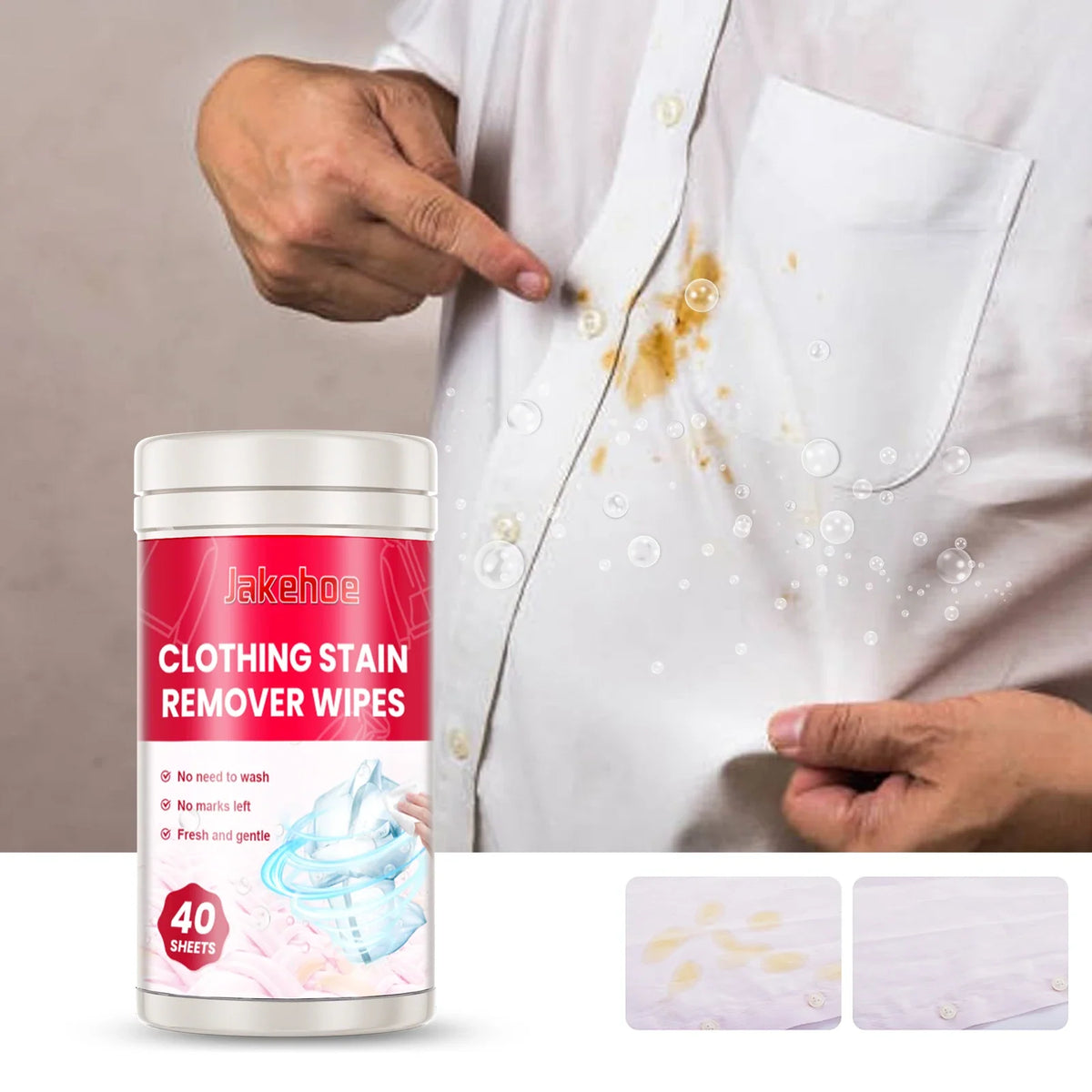 JAKEHOE Clothing Stain Remover Wipes 40 Pack | Fabric Cleaner