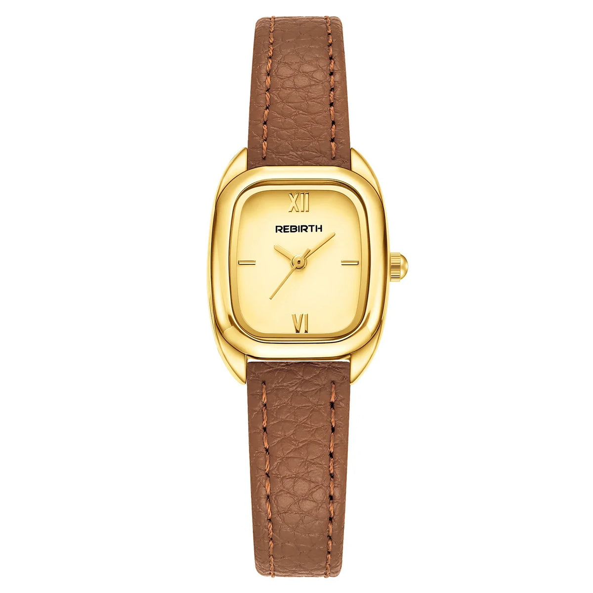 REBIRTH Square Women's Quartz Watch – Brown Leather Strap