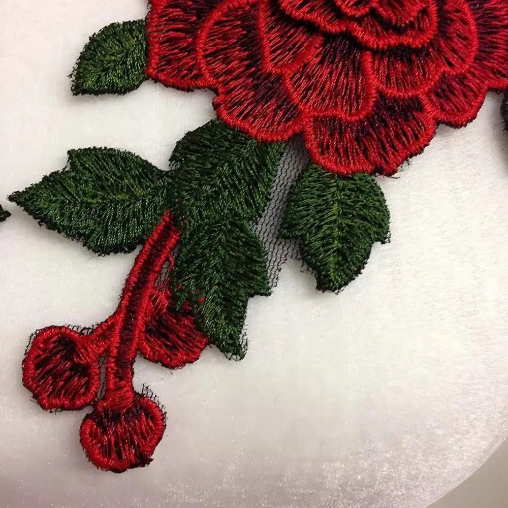 3D Flower Embroidery Sew-On Applique Patch Red 24x12cm