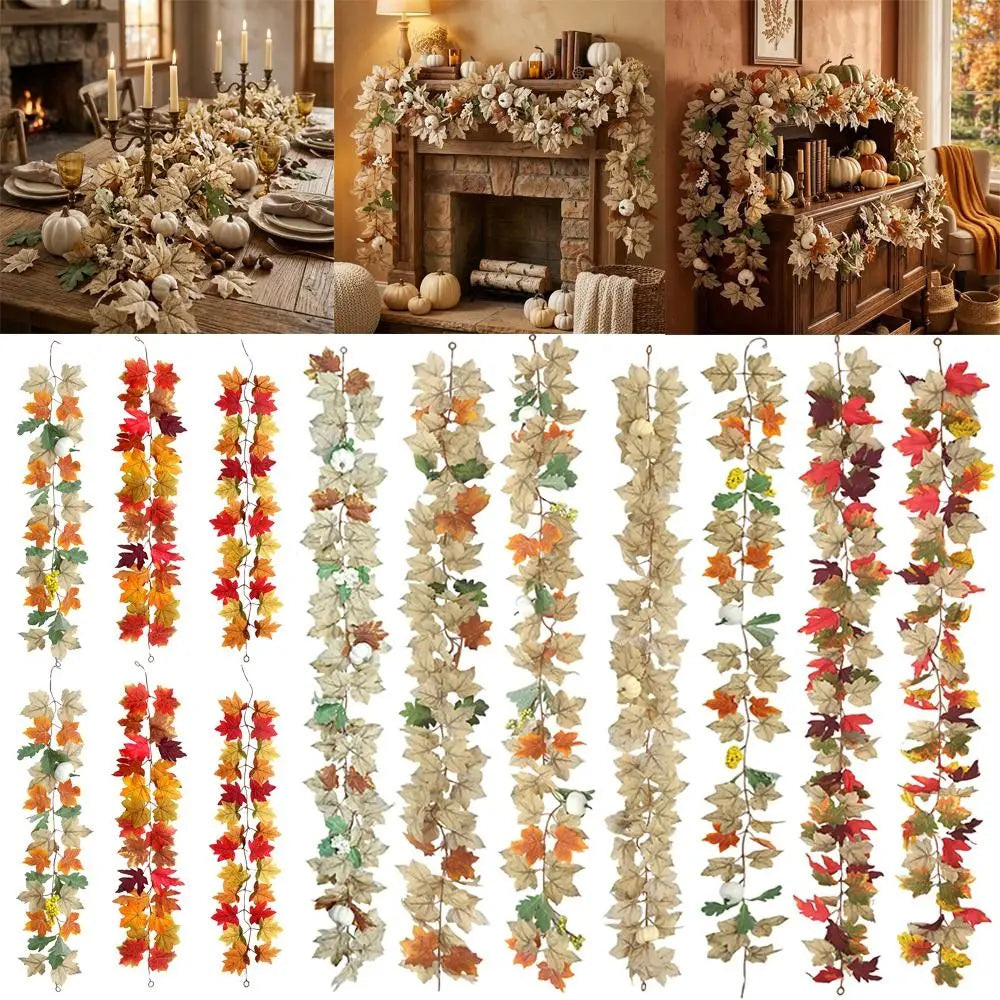 Autumn Artificial Maple Leaf Garland with Mini Pumpkins