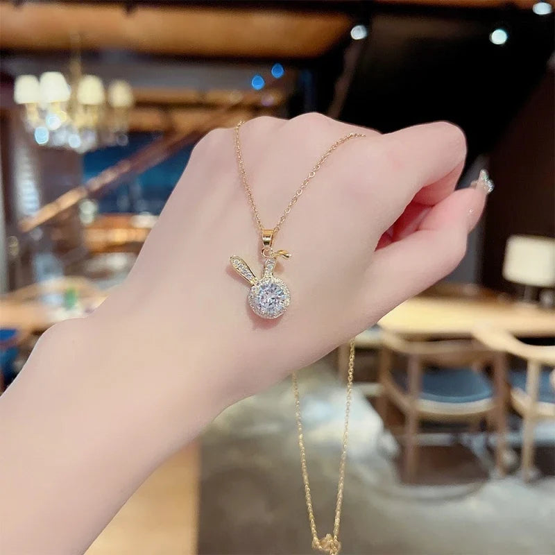 Cute Bunny Copper Zirconia Pendant Necklace for Women