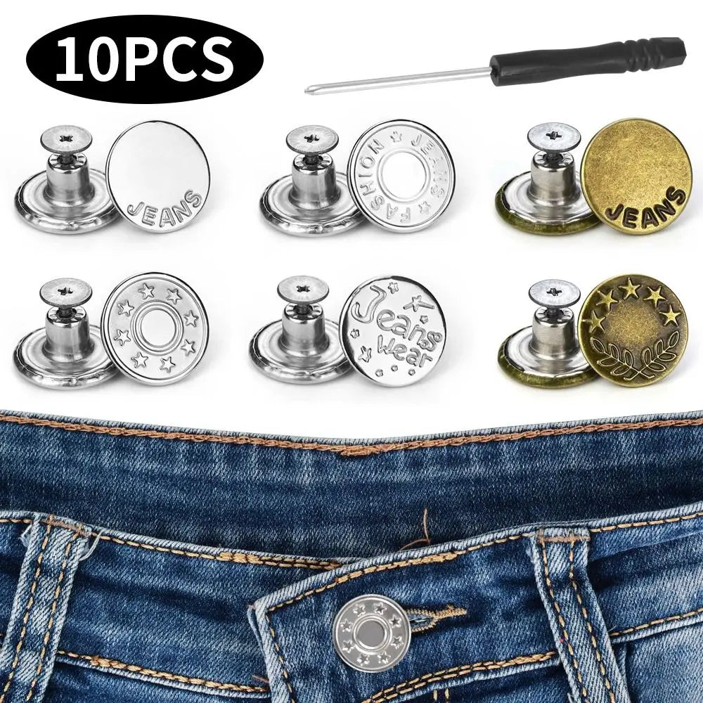 10-Pack No-Sew Jeans Buttons 17mm Metal Shank with Screwdriver