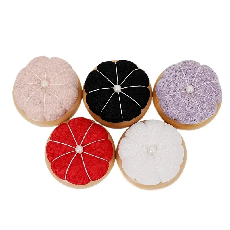 Pumpkin Lace Pincushion Wooden Base – Needle Organizer