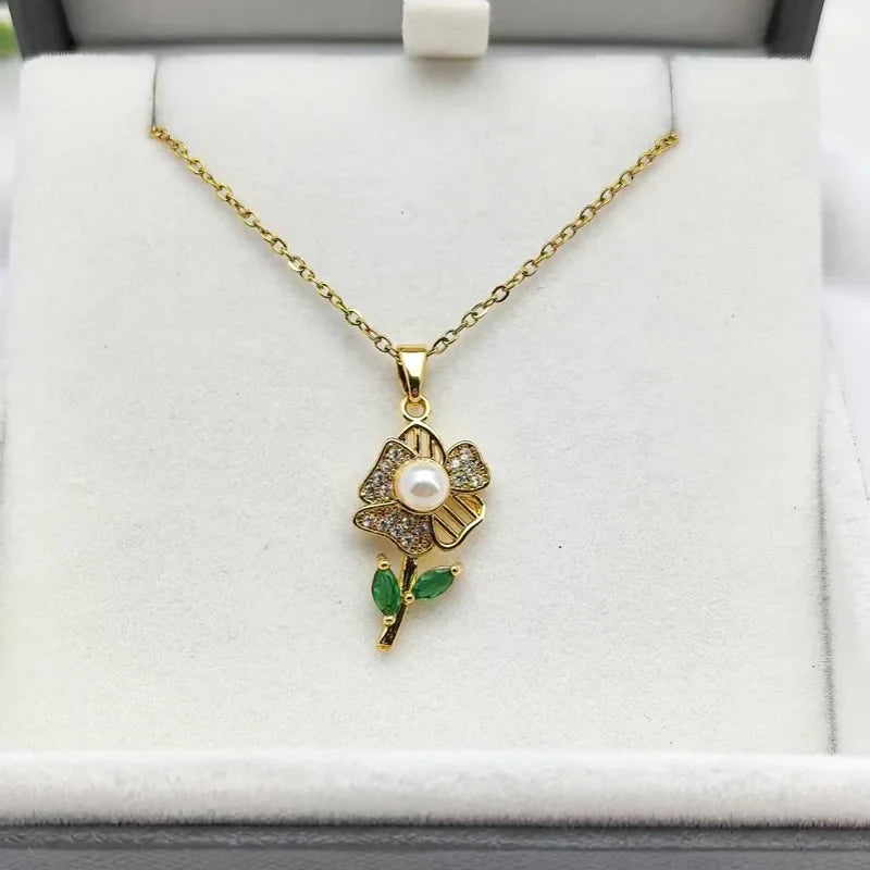 Copper Flower Pendant Necklace – Women's Elegant Collarbone Chain