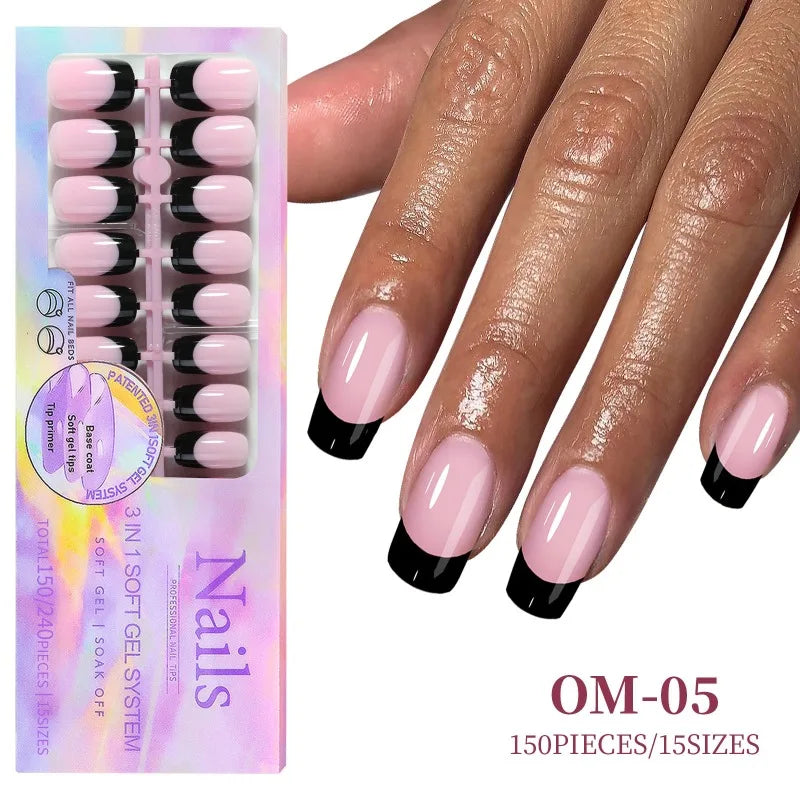 Black Pink French Tip Press On Nails with Rhinestone 24pcs