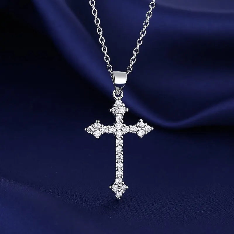 Women's Silver-Plated Cross Pendant Necklace with Rhinestones