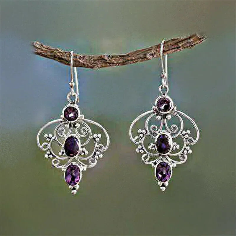 Vintage Silver Purple Crystal Hollow Flower Drop Earrings