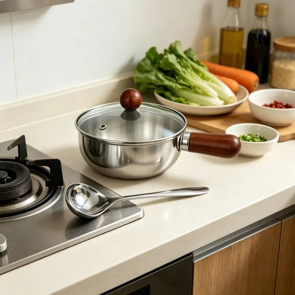 Stainless Steel Mini Saucepan Set – Wooden Handle, Lid & Spoon