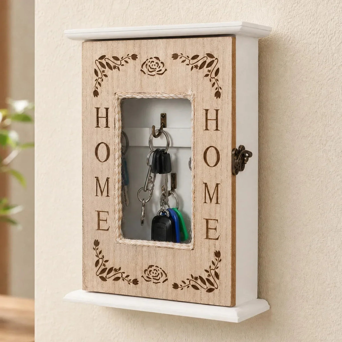 Vintage Wood Wall Key Holder with 5 Hooks | Home Entryway