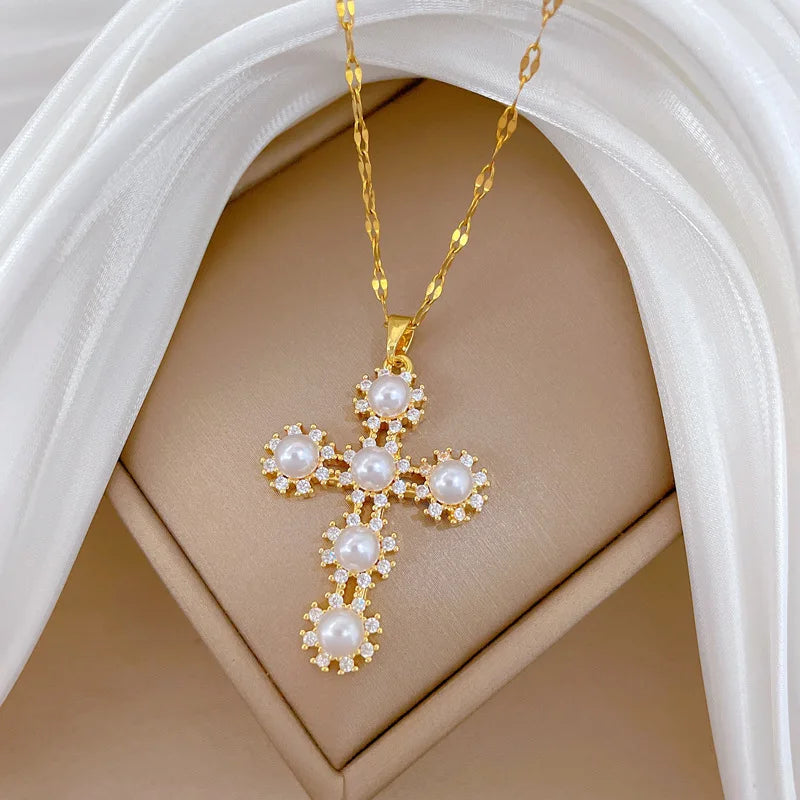 Women's Gold Cross Pendant Necklace – Zircon & Stainless Steel