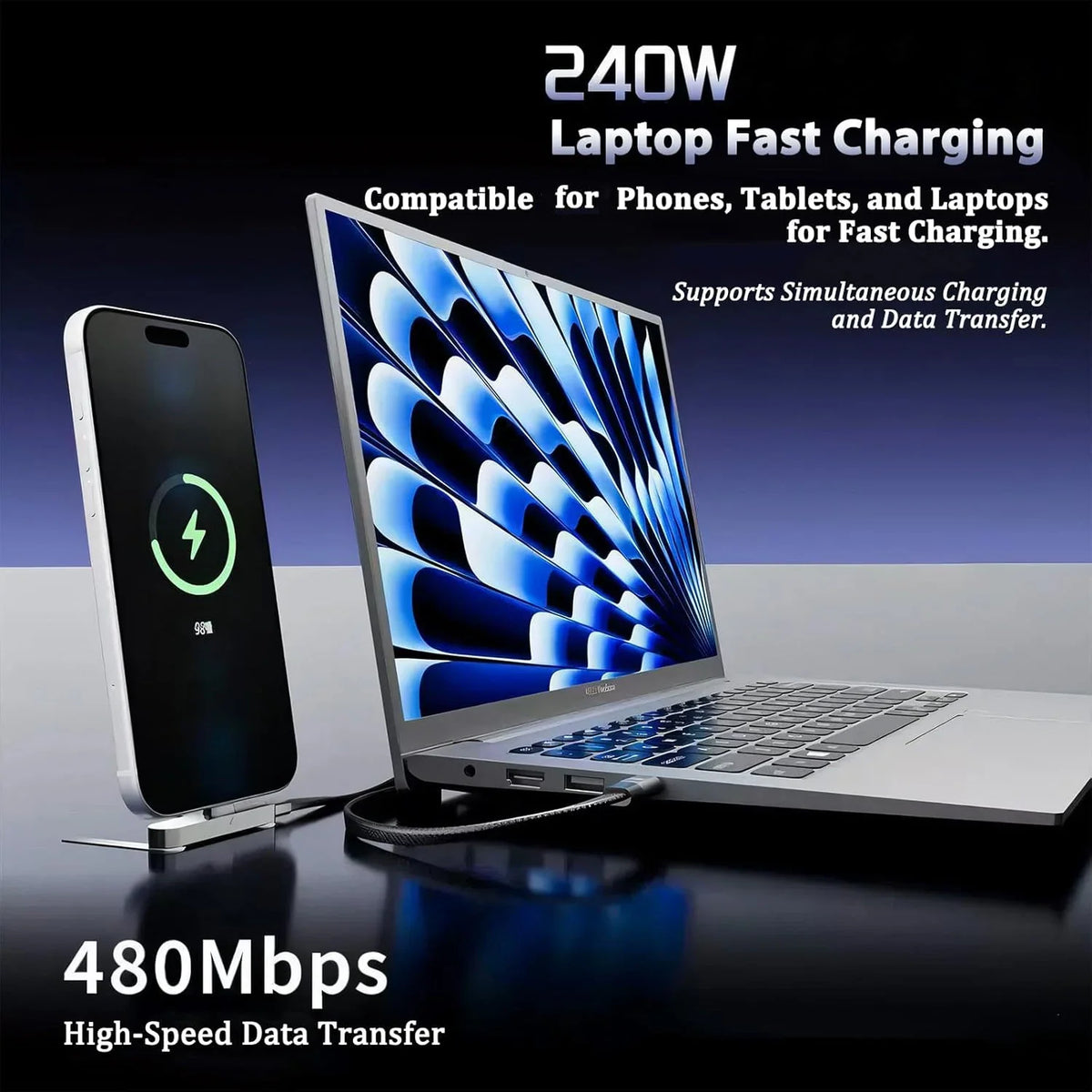 240W USB-C Fast Charging Cable with Folding Phone Stand