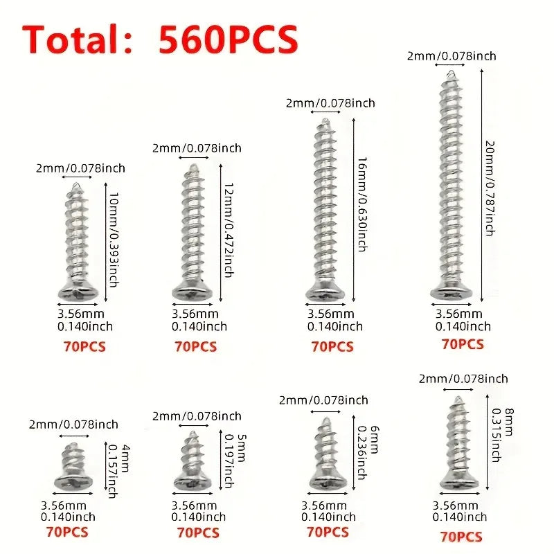560-Piece M2 Self-Tapping Wood Screw Set – 8 Sizes Kit