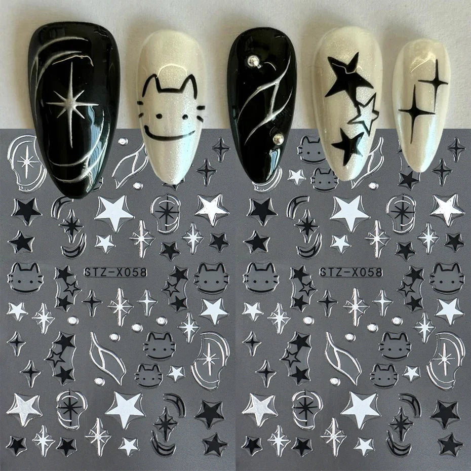 Y2K Cat & Dog Nail Art Stickers | Black Silver Decals 2 Sheets