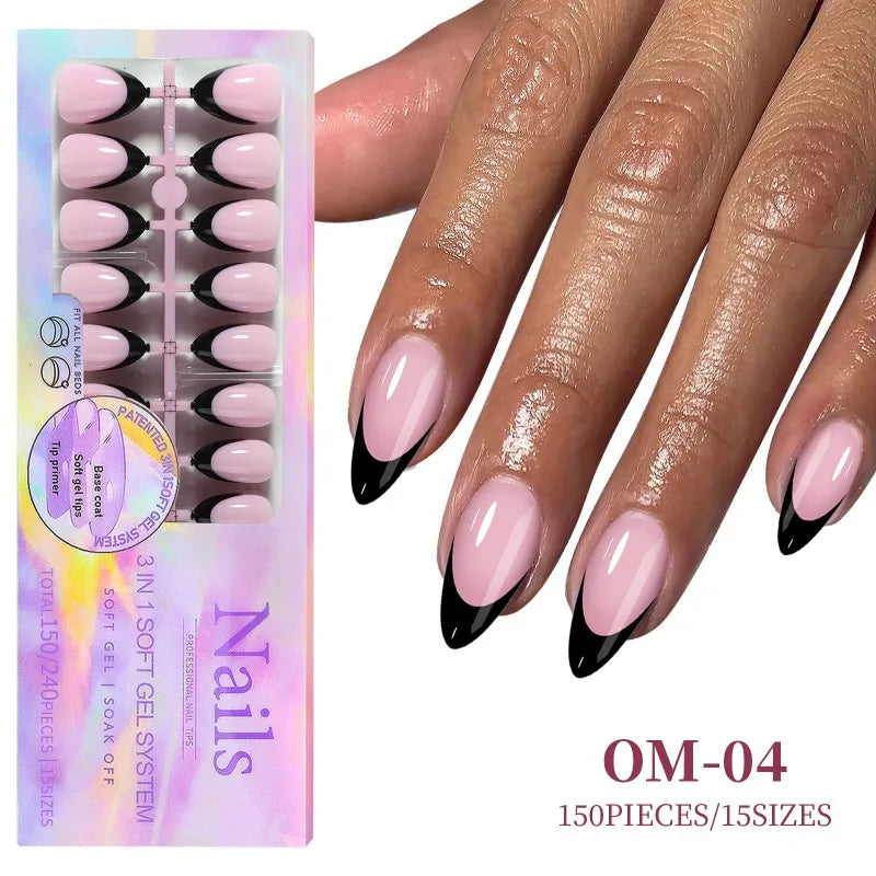 Black Pink French Tip Press On Nails with Rhinestone 24pcs