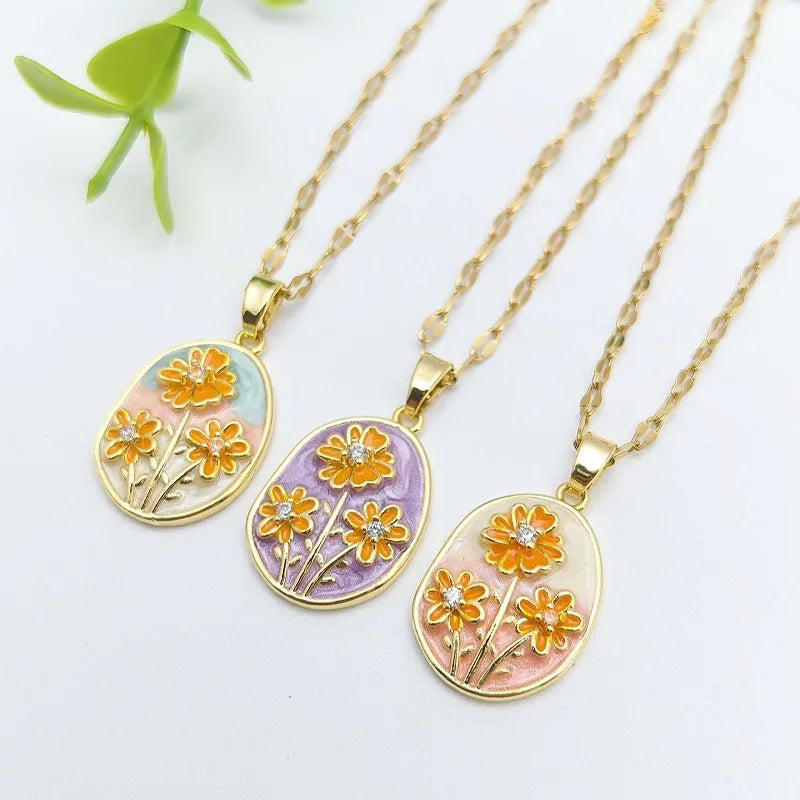 Vintage Copper Floral Pendant Necklace | Gold-Plated Zircon