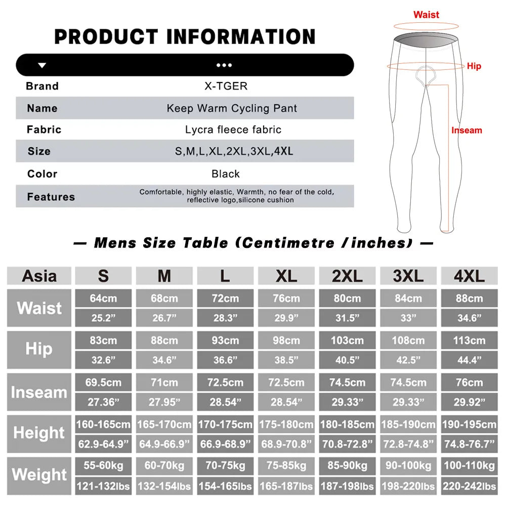 X-TIGER Men's Winter Cycling Pants 5D Gel Padded Fleece MTB