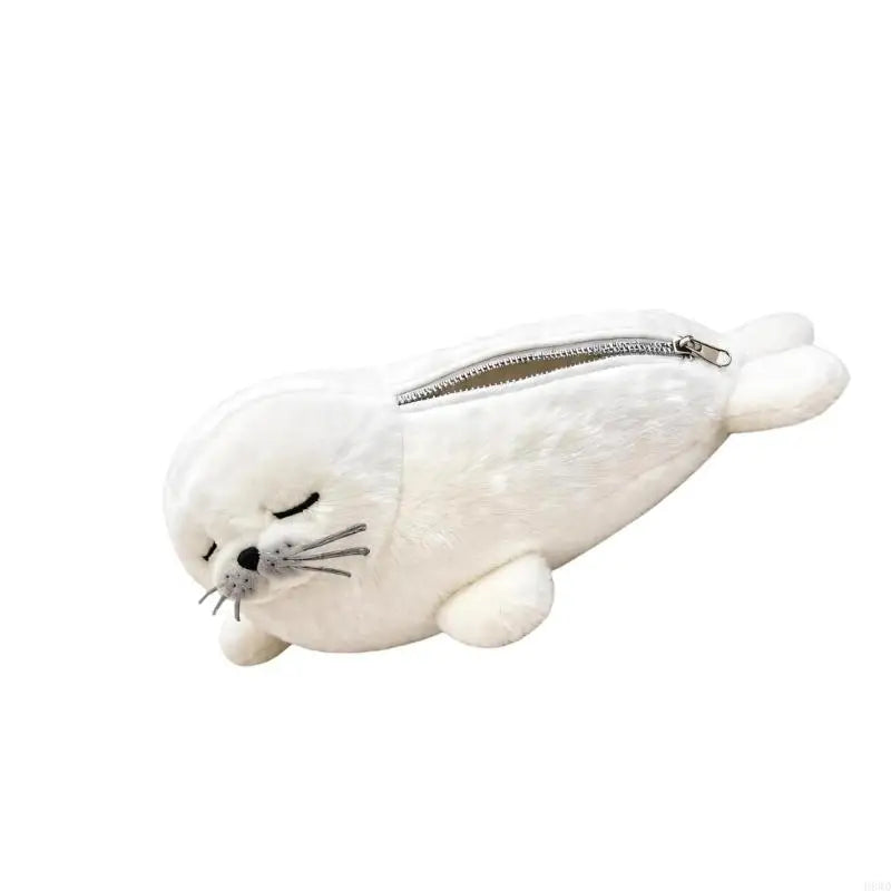 White Plush Seal Pencil Pouch – Zippered Fabric Pencil Case