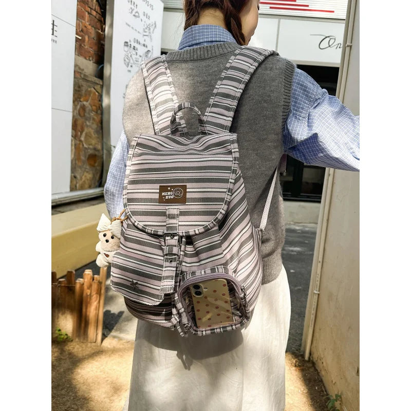 Striped Corduroy Drawstring Backpack – Casual Small Bag