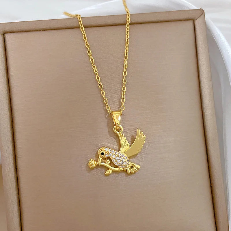 Women's Rose Crane Pendant Necklace – Gold Stainless Steel