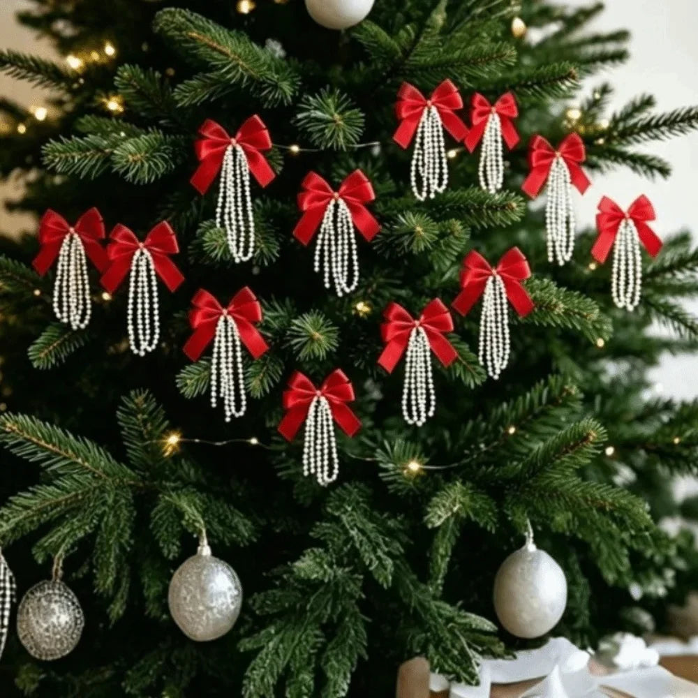 12pcs Velvet Christmas Bows Gold Twist Ties & Pearl Tassel Décor