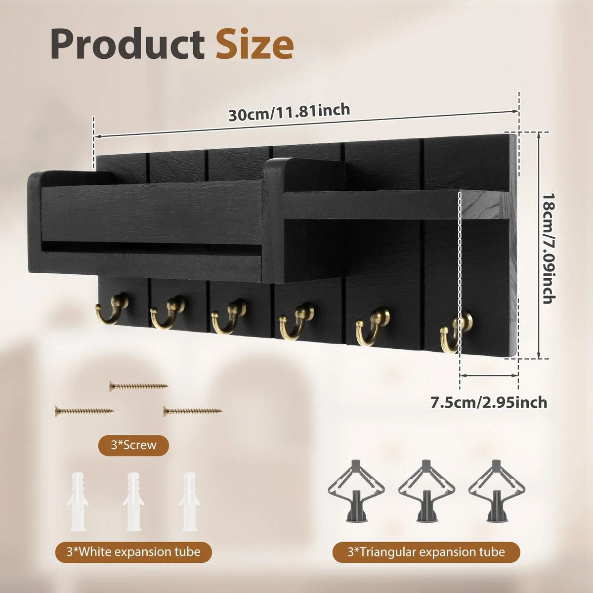 Wall Mount Mail Organizer & Key Holder with Shelf & Hooks