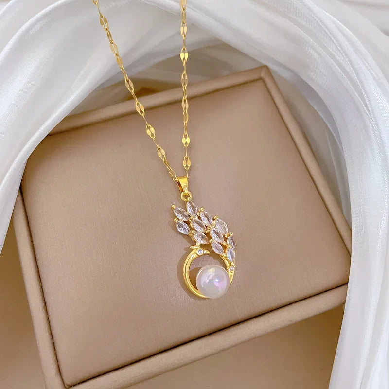 Peacock Pendant Necklace Gold Stainless Steel Choker for Women