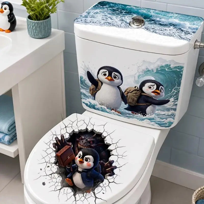 3D Penguin Toilet Lid Sticker – Funny Waterproof Bathroom Decal