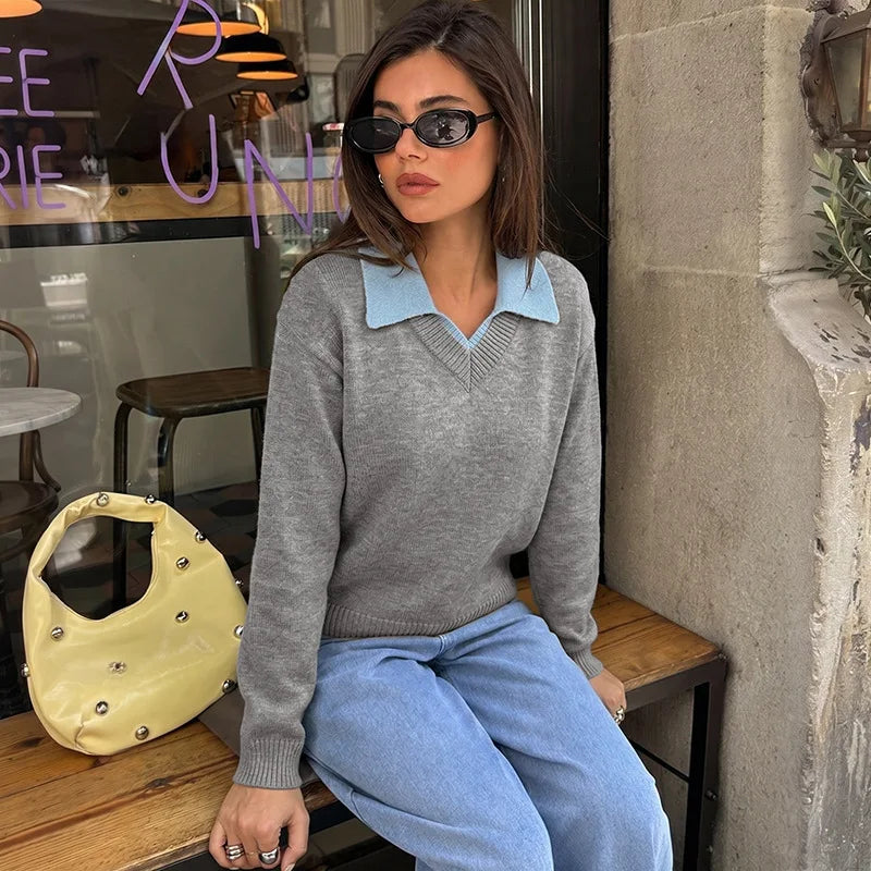 Women's Polo Neck Patchwork Knit Pullover Sweater | Loose Fit