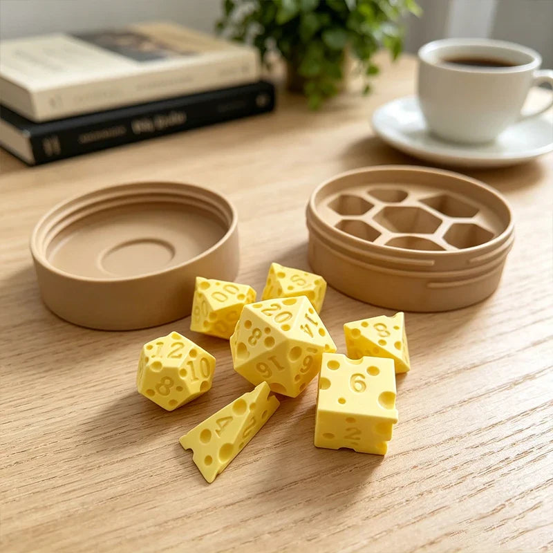 Cheese Dice Holder Box & 7-Piece D4–D20 Polyhedral Dice Set
