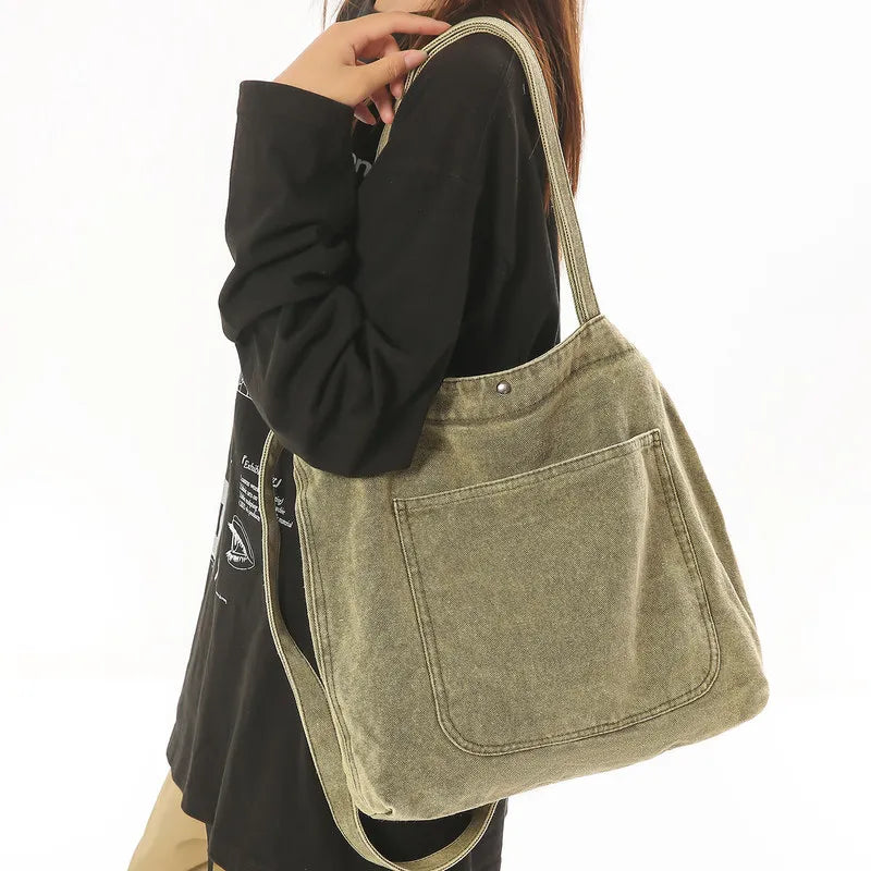 Women's Vintage Washed Denim Tote Bag – Large Capacity